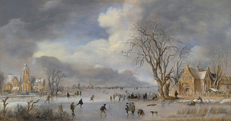 A winter landscape with skaters and kolf players on a frozen river,